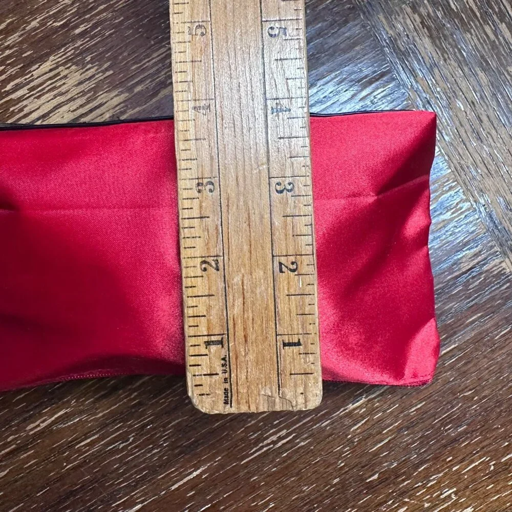 Lancome Red Satin Cosmetic Pouch With Black Accent Trim & Rose Detail